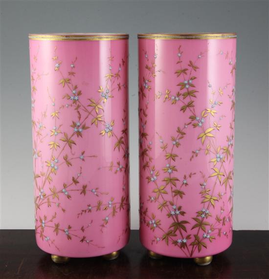 A pair of late 19th century Bohemian Japonaise enamelled pink cylindrical glass vases, 12.5in.